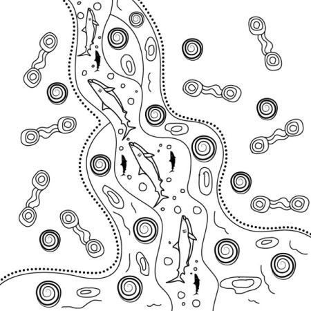 Monochrome illustration of Aboriginal river art