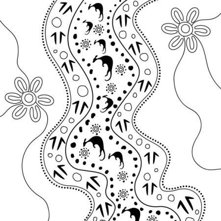 Black and white illustration with Aboriginal art style