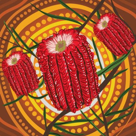 Aboriginal dot painting illustration with red Banksia Flower