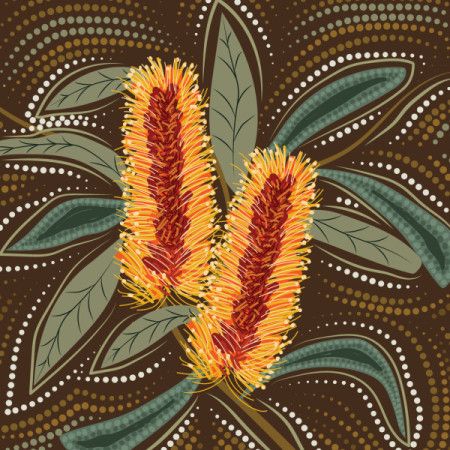 Aboriginal dot art with yellow Banksia flower