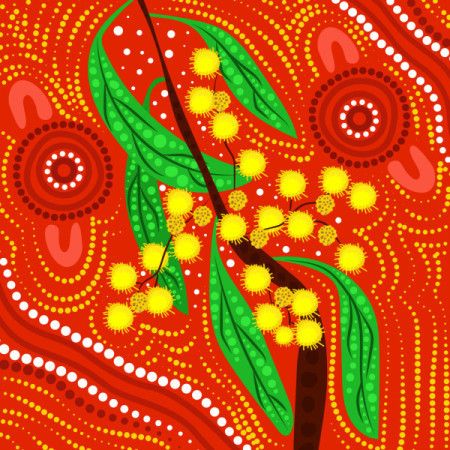 Aboriginal dot art of Australian yellow wattle painting