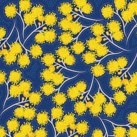 Yellow wattle flowers background with aboriginal dot art