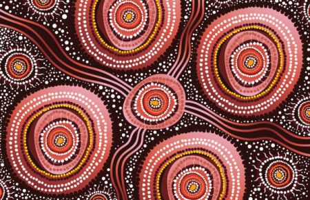 Aboriginal art-inspired dots adorn a vector background