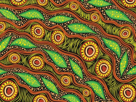 An Aboriginal-inspired background decorated with dot art and wattle leaves