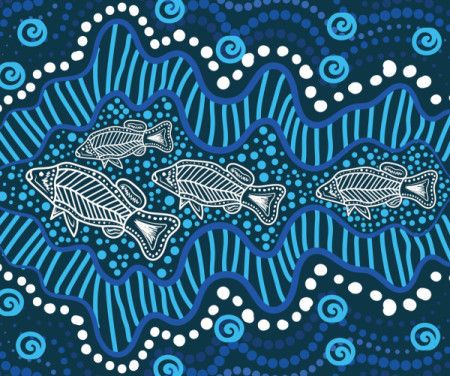 Blue aboriginal dot artwork illustration with fish