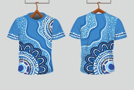 Blue tee shirt design template with Aboriginal dot artwork
