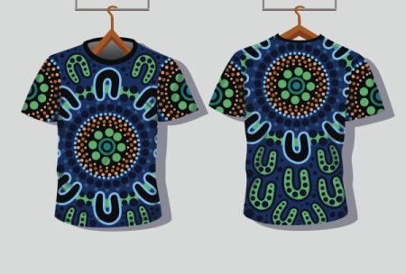 A design for a tee shirt that features an illustration of aboriginal artwork