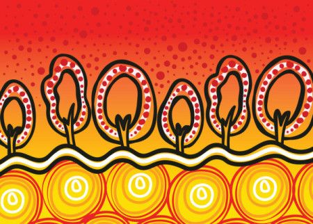 A bright and colorful aboriginal artwork illustration with tree