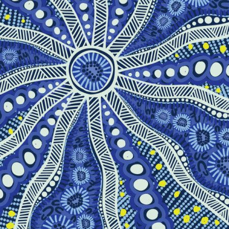 A blue and bright painting illustration that reflects aboriginal traditions