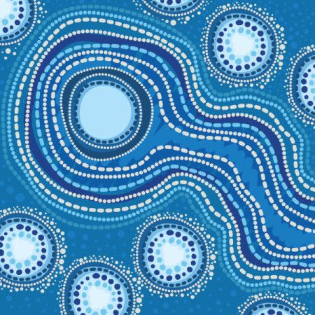 Blue background illustration with vector dot art in aboriginal style