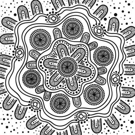 Aboriginal art style hand drawn illustration in black and white