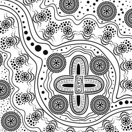 Aboriginal art inspired hand drawn illustration in black and white