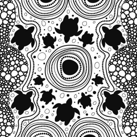 Aboriginal style black and white dot artwork illustration with turtle