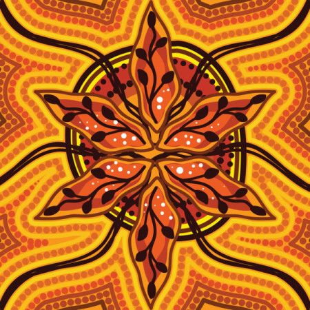 Aboriginal dot artwork illustration with wattle leaves