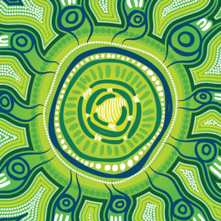 Illustration of green Aboriginal style artwork with dot art motifs