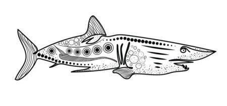 Aboriginal style black and white shark dot artwork illustration
