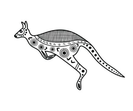 Aboriginal-style artwork featuring a sketched kangaroo