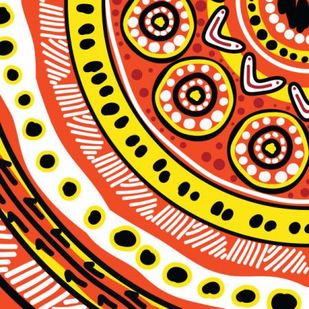 Decorative motif inspired by Aboriginal designs in the background.