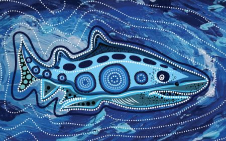 Artistic depiction of a shark featuring aboriginal dot motifs.