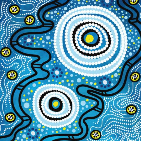 Blue painting illustration inspired by the traditions of Aboriginal dot art