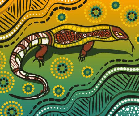 Aboriginal-style dot artwork featuring a goanna