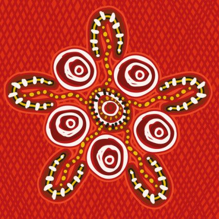 Red artwork that incorporates dot designs from Aboriginal culture