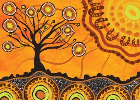 A nature-themed vector painting influenced by Aboriginal dot art