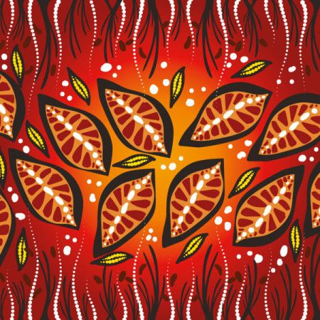 A backdrop featuring Aboriginal motifs beautifully decorated with leaves