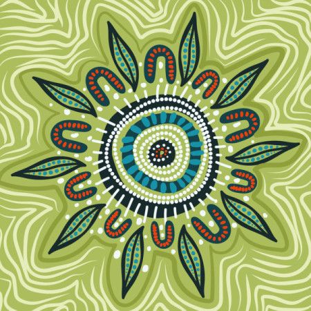 Aboriginal green artwork decorated with dot art and wattle leaves