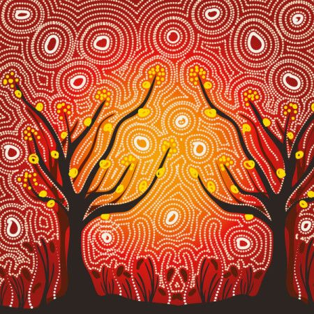 A vector depiction of nature inspired by the intricate patterns of Aboriginal dot art