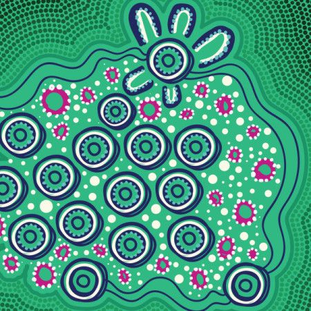 A green vector artwork inspired by traditional Aboriginal dot art