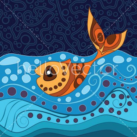 Aboriginal dot art painting with fish - Vector Illustration