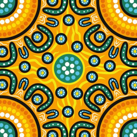 Vibrant Aboriginal-style artwork with symbolic patterns and dot motifs