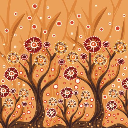 Aboriginal-inspired artwork depicting stylized trees and blooming flowers in warm earthy tones with dot detailing.