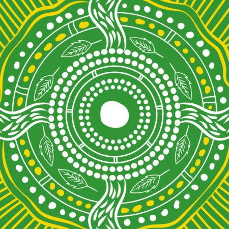 Aboriginal-style artwork featuring a green circular pattern with leaf motifs and flowing lines symbolizing nature and harmony.