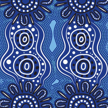 Aboriginal-style artwork featuring blue and white concentric patterns with dot work and wavy lines, representing water, flow, and community connection.