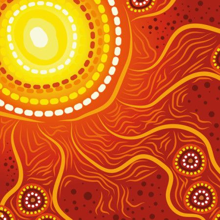 Aboriginal-style artwork depicting the sun radiating energy, with flowing lines representing connection to land and nature.
