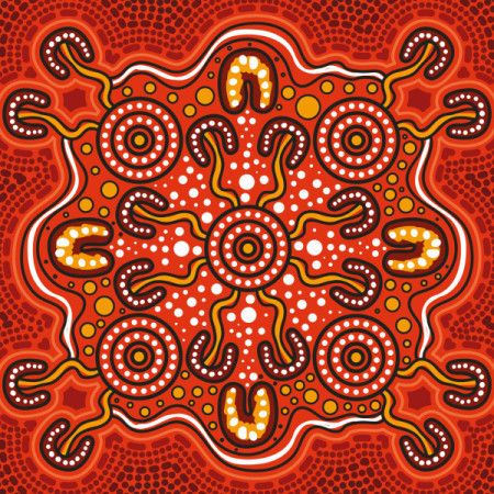 Sacred Gathering Circle in Vibrant Red - Aboriginal Art Illustration
