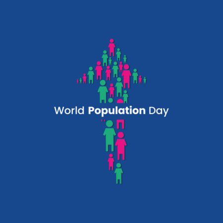 An upward arrow formed by colorful human icons symbolizes global population growth and awareness.
