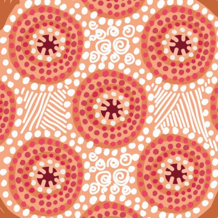 Radiating sun-dot patterns in warm earthy Aboriginal art style.