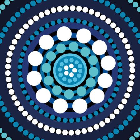 An Aboriginal-style artwork featuring concentric dot circles in calming blue and white tones.