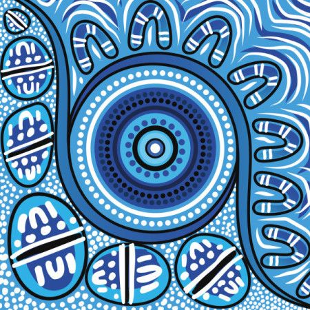 A vibrant Aboriginal-inspired artwork in shades of blue.