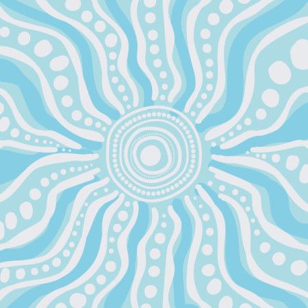 A soft blue Aboriginal-style artwork featuring a central sunburst with radiating wavy lines and dotted patterns.
