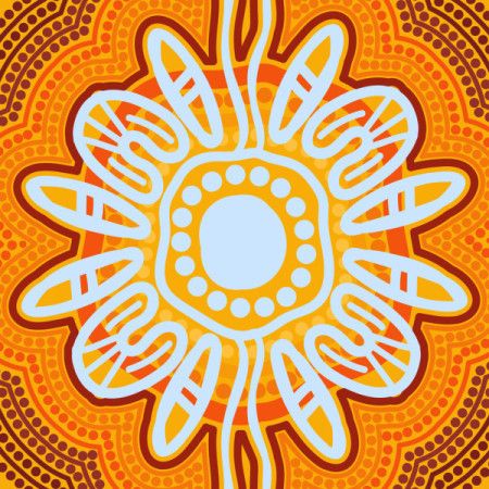 A radiant Aboriginal-inspired artwork featuring a sun-like center surrounded by flowing, symbolic patterns in warm ochre tones.