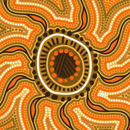 A vibrant Aboriginal-style artwork featuring an earthy central motif surrounded by flowing lines and dotted patterns.