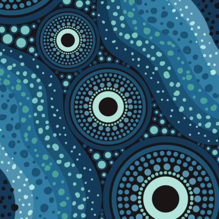 Aboriginal-style artwork with circular dot patterns symbolizing water and connection.