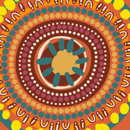 A vibrant circular Aboriginal artwork featuring layered dot patterns radiating from a central sun-like motif.