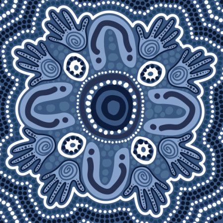 A circular gathering motif in cool blue tones featuring handprints and flowing dot patterns.