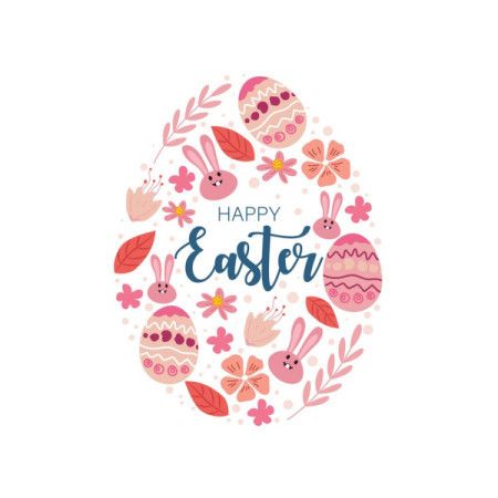 Cute Happy Easter Floral Wreath with Bunny and Decorative Eggs