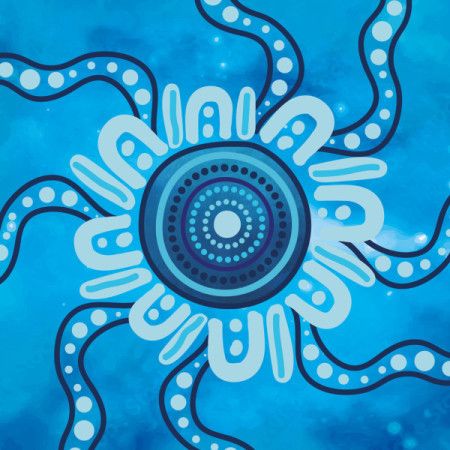 Circular Aboriginal Dot Painting with Radiating Lines in Blue Tones
